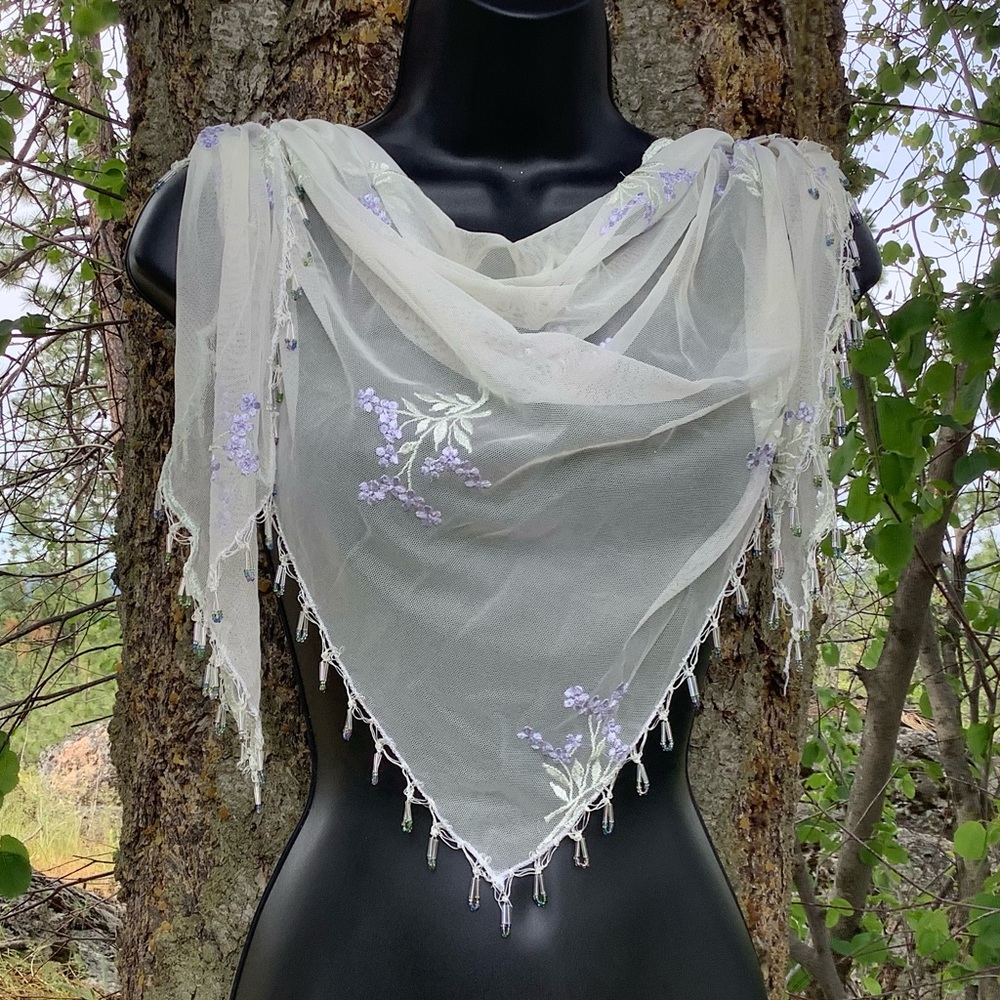 White lace shawl with crochet trim and beads